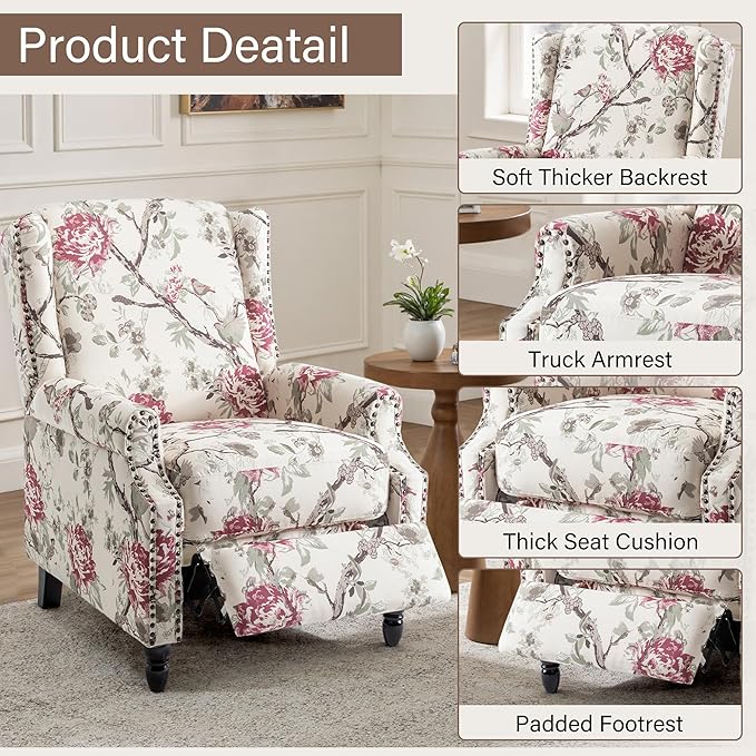 UIXE Pushback Floral Recliner Chair, Fabric Upholstered Armchair Push Back Accent Chair for Living Room, Rivet Trim Club Chair Home Theater Single Sofa Reading Seat - Beige Floral