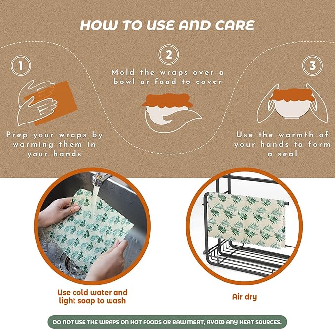 Akeeko Reusable Beeswax Food Wraps - Assorted 9 Packs, Reusable, Plastic-Free Food Storage, 5 Small, 2 Medium, 1 Large Wraps, 1 Extra Large with Tropical Leave Pattern