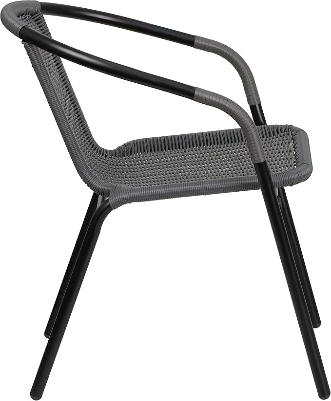 EMMA + OLIVER Set of 4 Modern Rattan Indoor/Outdoor Stack Chairs, Stacking Rattan Patio Chairs with Curved Back and Cross Bracing, Gray