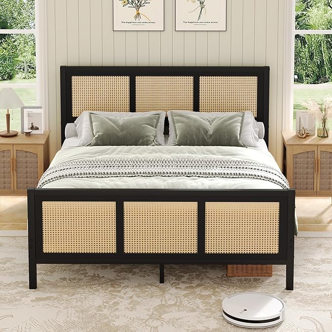 Rattan Bed Frame Queen, Boho Queen Bed Frames with Headboard, Metal Platform Bed Frame Queen Size with Strong Slats Support, No Box Spring Needed, Noise Free, Easy Assembly, Black