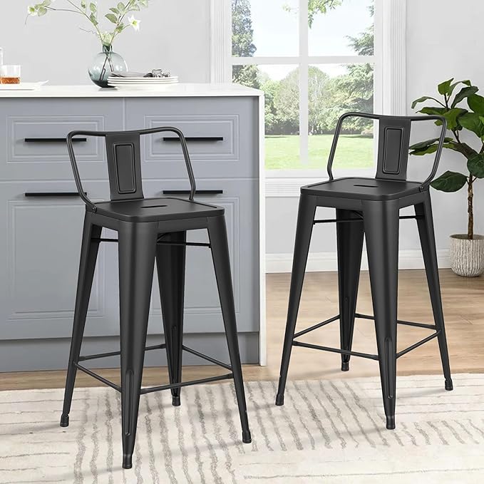 HAOBO Home Metal Bar Stools Set of 2 Low Back Counter Height Barstools 24" Industrial Barstool Patio Stool Metal Kitchen Stools Bar Chairs for Indoor Outdoor