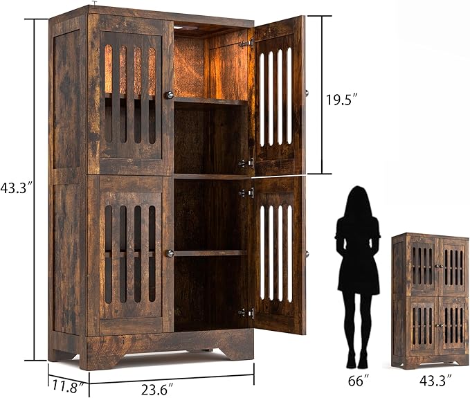 PARTPHONER Bathroom Floor Storage Cabinet with Cabinet Lights, Modern Storage Cabinet with 4 Doors and Adjustable Shelves, Buffer Hinges, Brown Pantry Cabinet for Living Room & Kitchen