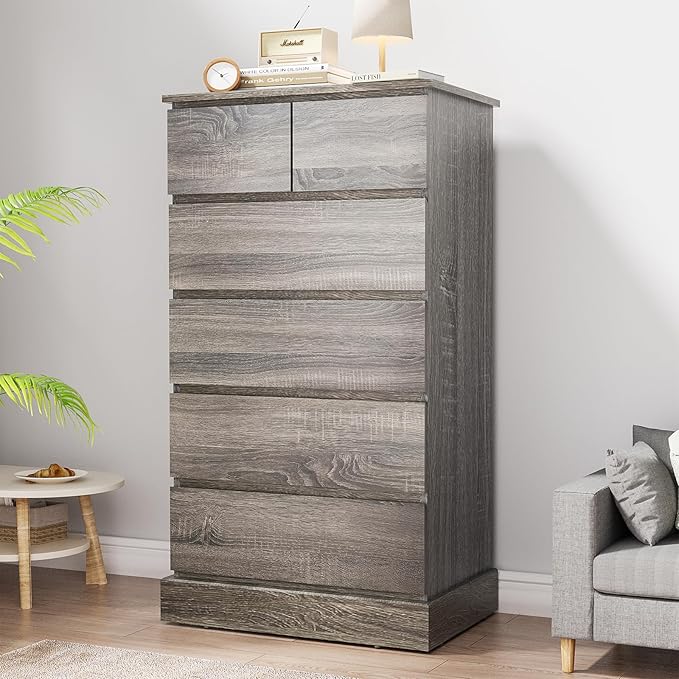 6 Drawers Dresser for Bedroom, 43.3" Tall Dressers & Chests of Drawers, Modern Wood Closet Organizer and Storage Cabinet, Gray Vertical Dresser for Office, Entryway