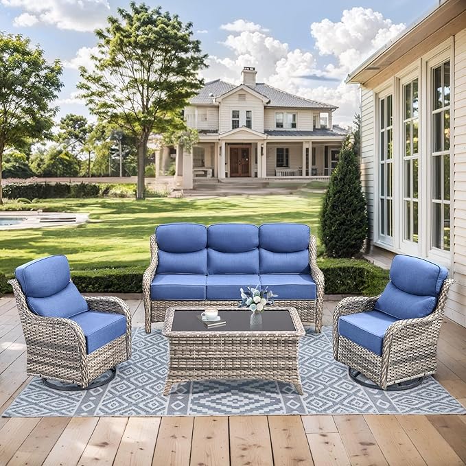 HUMMUH 6 inch Thick Cushion Wicker Patio Furniture Set with Outdoor Swivel Rocker Patio Chairs,High Back Outdoor Couch and Coffee Table for Porch Garden Deck
