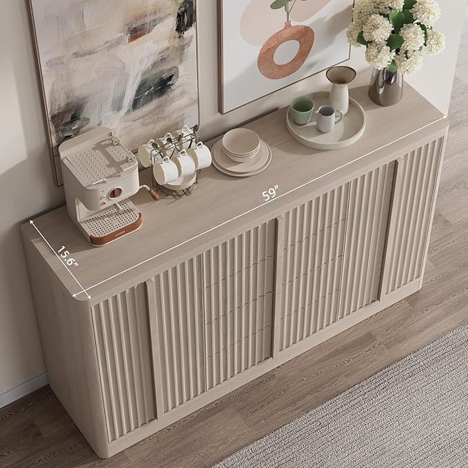 Buffet Cabinet with Storage, 60" Fluted Sideboard with 4 Drawers & 2 Door–Modern Accent Buffet Cabinet with Adjustable Shelves, Credenza Storage Cabinet for Kitchen Living Room, White Alder(1PC)