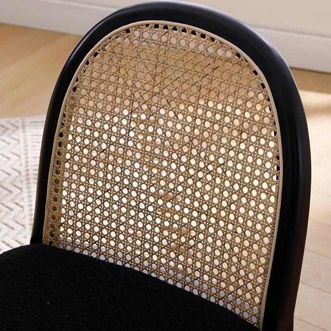Upholstered Wooden Dining Chairs Set of 2, Farmhouse Kitchen & Dining Room Chairs with Cane Back, Accent Rattan Dining Table Chairs Sherpa Seat for Kitchen/Restaurant/Living Room, Black