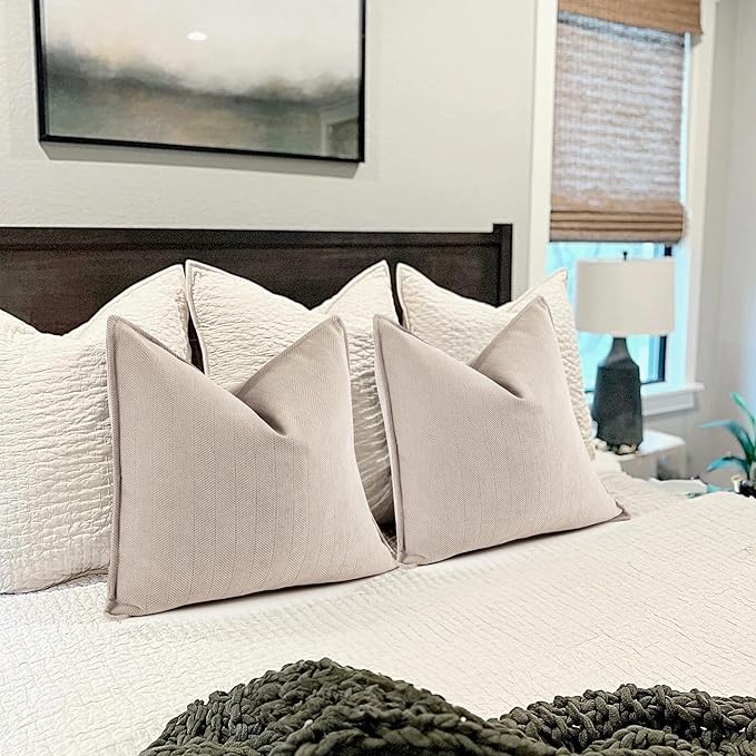 ZWJD Beige Pillow Covers 16x16 Set of 2 Chenille Throw Pillow Covers with Elegant Design Soft and Luxurious Decorative Throw Pillows for Couch, Bed, and Home Decor
