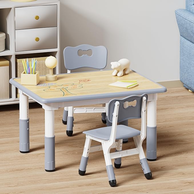 Brelley Kids Table and 2 Chairs Set, Height Adjustable Toddler Table and Chair Set, Graffiti Desktop, Classroom/Daycare/Home, Children Multi-Activity Table for Ages 2-8