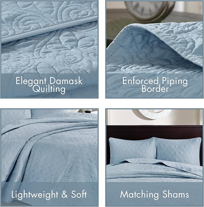 Madison Park Quebec Reversible Quilt Set Damask Design, Double Sided Stitching All Season, Lightweight Bedspread Bedding Set, Matching Sham, Blue, Queen(102"x118") 3 Piece