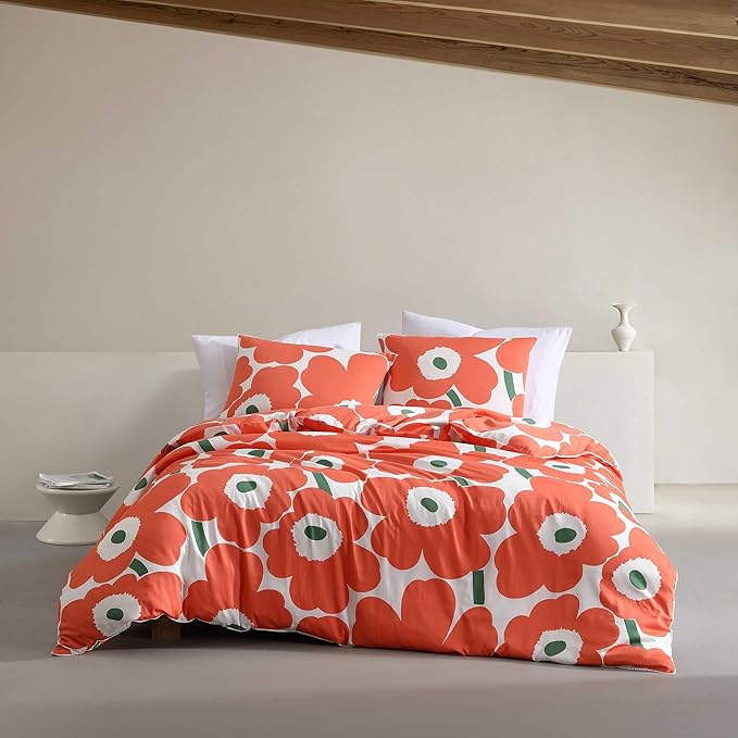 Marimekko - Duvet Cover Set, Super Soft Organic Bedding, Casual Home Decor (Unikko Orange, Full/Queen)