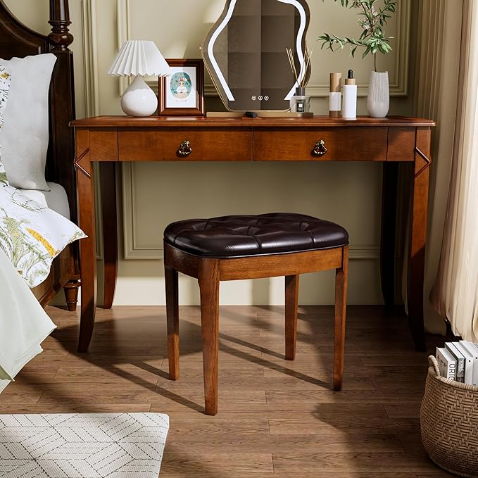 MODERION Vanity Stool Bench with Upholstered, Modern Luxury Wood Stool ,Ottoman Shoe Bench for Living Room, Vanity, Entryway, 19.3"L x 14.9"W x 19.3"H Easy Assembly, Beeswax Leg & Dark Brown FD-HNY-DB