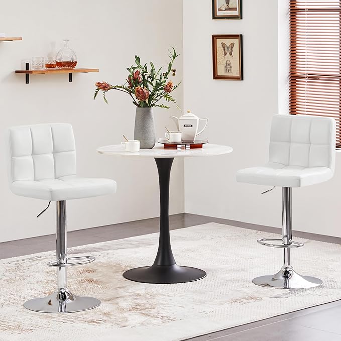 Yaheetech Bar Stools Set of 4, PU Leather Adjustable Swivel Barstools, Modern Armless Bar Chairs with Bigger Base, Thickened Seat Cushion, Square Island Barstools for Kitchen Island, White