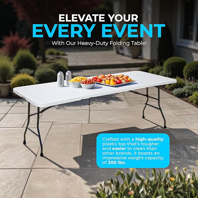 SIMPLI-MAGIC 8ft Portable Plastic Folding Table – Indoor & Outdoor Heavy-Duty Foldable Utility Table w/Handle for Party & Camping (White)