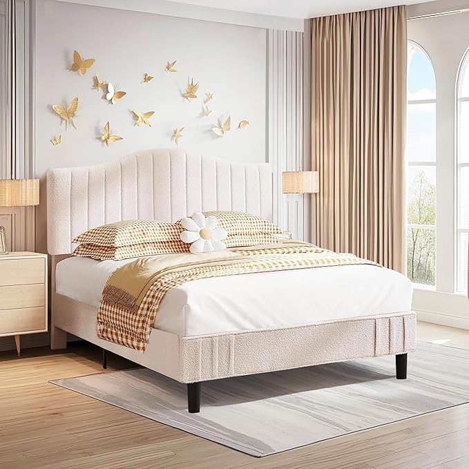 VECELO Full Size Upholstered Platform Bed Frame with Adjustable Teddy Fabric Headboard, Strong Wood Slats, 7.9" Under-Bed Storage, Noise-Free, No Box Spring Needed - Beige