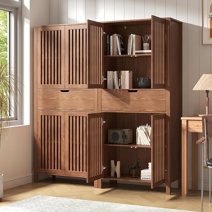 Set of 2 Rustic Brown 69" Tall Farmhouse Storage Cabinet with Drawer & Adjustable Shelves, Grille Door Organizer Unit, Anti-Tip Design for Bathroom,Kitchen,Living Room