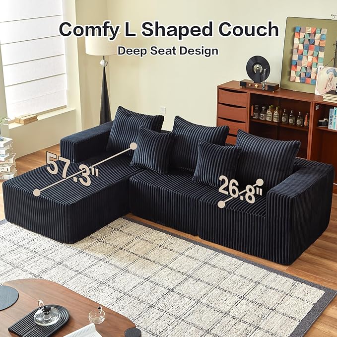 Modular Sectional Sofa, 101" Boneless Couch Sectional, Deep Seat L Shaped Sofa, All-Foam Filled Cloud Couch for Living Room (Black, Corduroy)