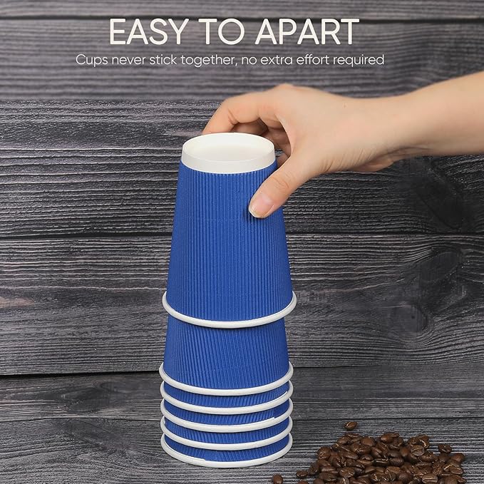 Disposable Blue Coffee Cups 12 oz 20 Pack, Paper Coffee Cups 12 oz for Hot Drinks or Cold Beverages, Insulated Corrugated Ripple Wall Cup for Office, Cafe, Home or Travel