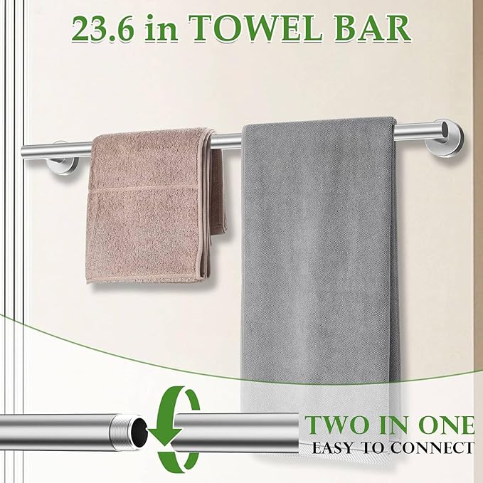 10-Piece Towel Bar Set Brushed Nickel Bathroom Hardware Accessories Set Includes 23.6in Towel Bar Round Towel Ring TP Holder and Hooks Stainless Steel Wall-Mounted Towel Racks Set for Bathroom