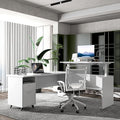 70" W L‑Shaped Executive Standing Desk with Storage Cabinet, Electric Corner Height Adjustable Workstation for Dual Screens, Printer, and Office Essentials