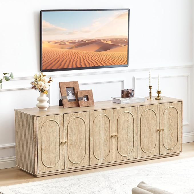 63'' Fluted Sideboard Buffet Cabinet with Storage and 6 Doors, Low Storage Cabinet Modern Wooden Accent Credenza Console Table for Kitchen Dining Living Room Entryway, (63"W*15.75"D*21.4"H) Natural