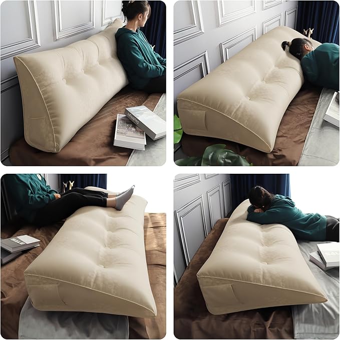WOWMAX Headboard Pillow Triangular Bed Wedge Pillow for Headboard Wedge Pillow Headboard for Daybed Bunk Bed Cream Bolster Pillow for Bed, Jacquard Satin Fabric 100% Pure Cotton, Light Beige