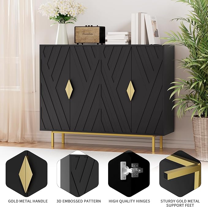 Sideboard Buffet Cabinets with Storage, 47.2" Mid-Century Modern Storage Cabinets with Adjustable Shelves, Relief 4 Doors Accent Cabinets, Wood Console Cabinet for Dining Living Room, Entryway, Black