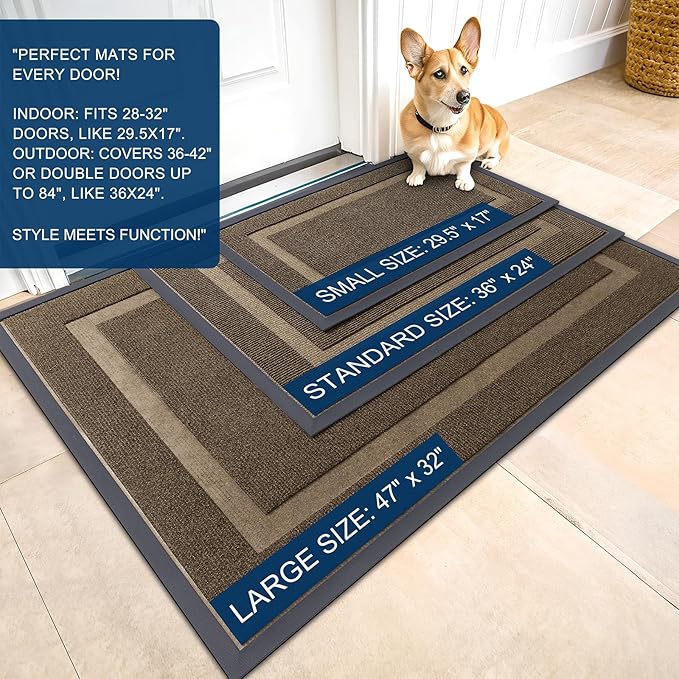 OLANLY Front Door Mat Indoor Outdoor Entrance, Waterproof All-Season, All-Weather Doormat, Sturdy Natural Rubber, Fade Resistant, Low Profile, Easy Clean Patio Porch Entryway Mat, 33x21, Brown