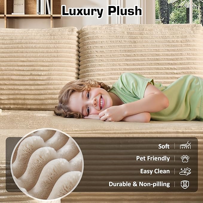 106" Cloud Sectional Couch with L-Shape Chaise & Ottoman, No Assembly Modular Sofa, Deep Seat Plush Corduroy Boneless Couched for Living Room (Beige Plush Corduroy, Right Facing Chaise with Ottoman)