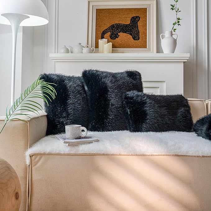 Neelvin Black Faux Fur Cozy Fluffy Double-Sided Decorative Throw Pillow Covers 18x18 inch Set of 2,Velvet Pillowcase Cushion Case for Sofa Couch
