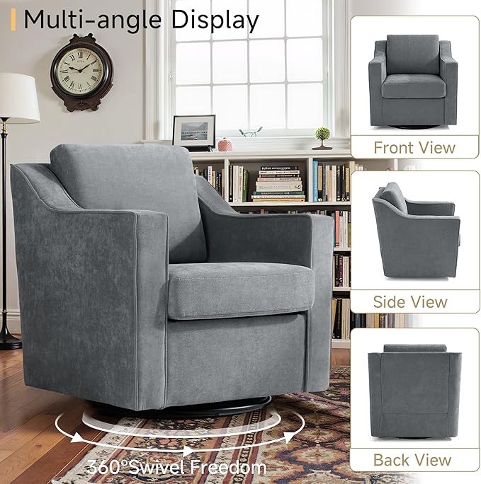 Pia Ricco Set of 2 Oversized Modern Striped Fabric Swivel Accent Chairs with Removable Covers, Living Room Reception Set