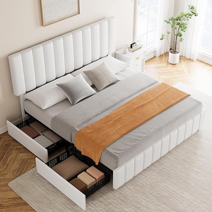 Garvee Queen Size Bed Frame with 4 Storage Drawers, Adjustable Height Headboard, Linen Upholstered Platform Bed Frame, No Box Spring Needed, Easy Assembly, White