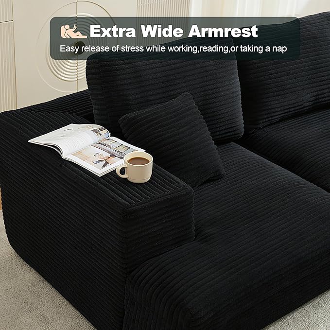 Modular Sectional Cloud Couch for Living Room,Modern Boneless Couche Set with Plush Corduroy,Comfy Floor Sofa with Memory Foam,Stupendous U Shaped Sofa,No Assembly Required,Black