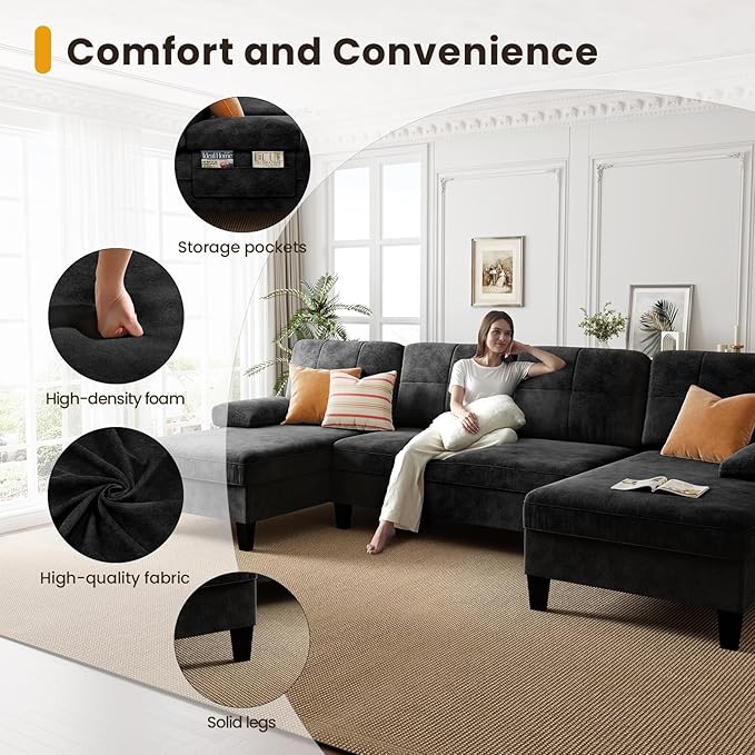 KKL Sectional Sofa Couch for Living Room, U Shaped Couch with Storage, Home Sofas with Chaise, Modern Comfy Couches for Apartment, Living Room Furniture, Chenille (Black, U Shape)