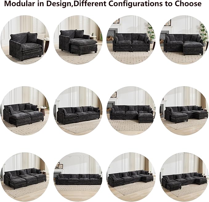 Aoowow Modular Sectional 2 Seater Cloud Sofa Couch for Living Room,78" Loveseat Couch with Deep Seat,Modern Chenille 2 Seat Sofas,Fluffy Small Couches for Bedroom,Small Spaces (Black, 2 Seater)