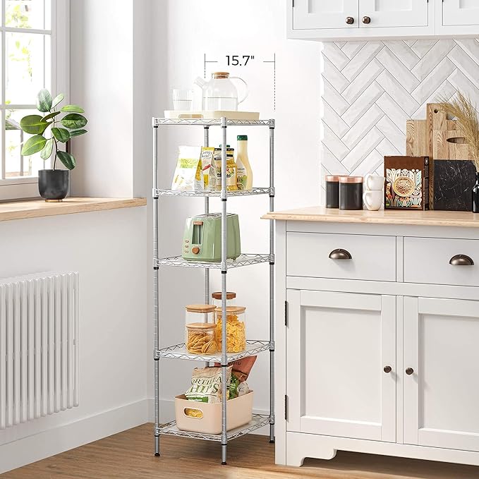 SONGMICS 5-Tier Storage Shelves, Wire Shelving Unit, Kitchen Metal Shelves, Storage Rack with Adjustable Shelves, Shelf Liners, 8 Hooks, for Garage, 11.8 x 15.7 x 47.6 Inches, Silver ULGR115E01