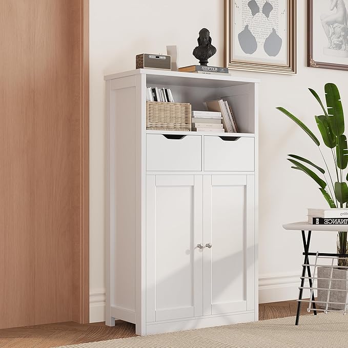 Shintenchi Floor Storage Cabinet, Bathroom Organizer with Doors and Drawers, Freestanding Side Cupboard Pantry with Adjustable Shelf, White