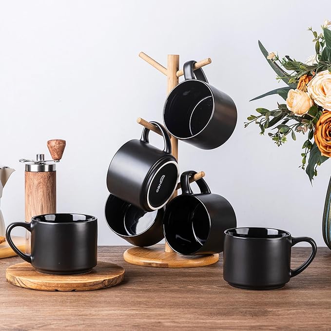 GBHOME 14 OZ Coffee Mugs Set of 6, Stackable Ceramic Mugs for Men, Women, Modern Coffee Cups With Stable Base for Latte, Tea, Cappuccino. Dishwasher & Microwave Safe, Matte Black