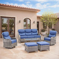 Swivel Patio Chairs sofa Set of 7 with 6" Thick Cushion - Wicker Outdoor Swivel Rocker Patio Chair ,Sofa/Glass coffee table, High Back Comfortable Outdoor Glider Chairs - Gery Wicker Blue Cushions