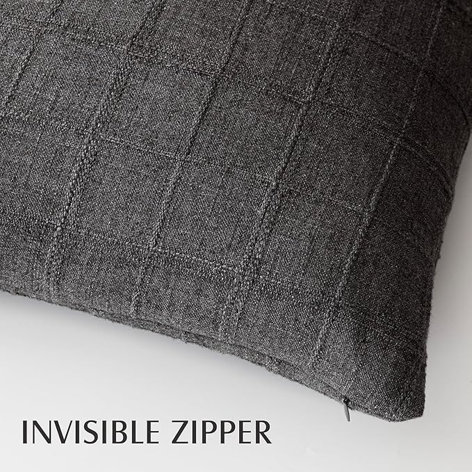 Foindtower Set of 2 Decorative Linen Check Throw Pillow Covers Neutral Farmhouse Vintage Cushion Covers Modern Boho Home Decor for Sofa Chair Couch Bedroom Living Room,20×20 Inch,Charcoal