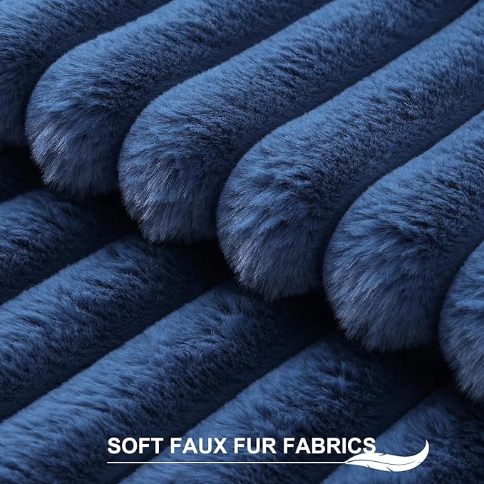 Pallene Faux Fur Plush Throw Pillow Covers 26x26 Set of 2, Luxury Soft Fluffy Striped Decorative Pillow Covers for Sofa, Couch, Living Room, Navy Blue