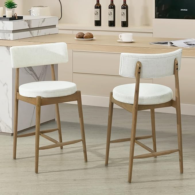 Christopher Knight Home Ebany 25.50" H Barstools Set of 2, Upholstered Counter Stool, Comfy Backrest Kitchen Stool, Rubberwood Frame Stool Chair, Bistro Chair for Kitchen Dining Room, Beige+Nature