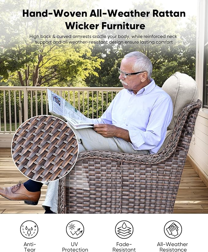 HUMMUH 6 inch Thick Cushion Wicker Patio Furniture Set with Outdoor Swivel Rocker Patio Chairs,High Back Outdoor Couch and Coffee Table for Porch Garden Deck