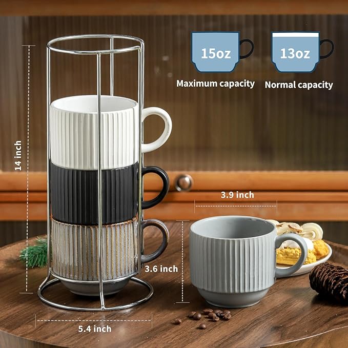 Ceramic Coffee Mugs with Stand,15 Ounce Stackable Coffee Cups Set of 4 for Latte,Cappuccino,Mocha,Cocoa,Ribbed Vintage Coffee Cups for Men Women,Dishwasher & Microwave Safe,Ribbed Multicolor