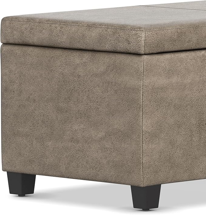 SIMPLIHOME Avalon Storage Ottoman Bench - 48 inch Wide Upholstered Vegan Leather Rectangular Lift-Top Ottoman in Distressed Smoky Grey Brown, Transitional Bench for Living Room with High-Density Foam