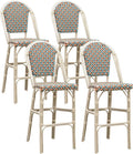 PURPLE LEAF French Bar Stool Set of 4 White Print Finish Patio Bar Stools with Back Rattan Bar Chairs Wicker Bar Height Stool 30" with Footrest Kitchen Island Stools Outdoor Barstool Colorful