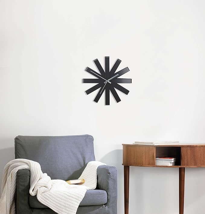 Umbra Ribbon Modern 12-inch Wall Clock, Battery Operated Quartz Movement, Silent Non Ticking Wall Clocks, Black