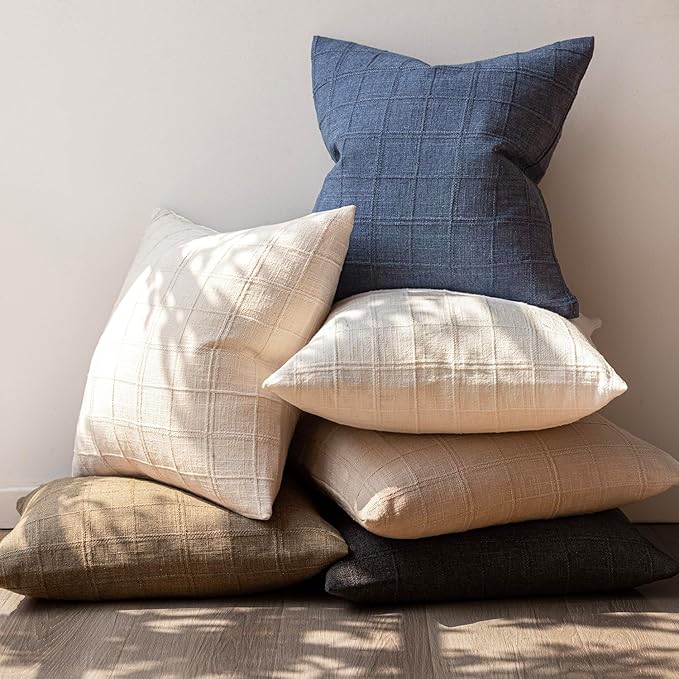 Foindtower Set of 2 Decorative Linen Check Throw Pillow Covers Neutral Farmhouse Vintage Cushion Covers Modern Boho Home Decor for Sofa Chair Couch Bedroom Living Room,16×16 Inch,Charcoal