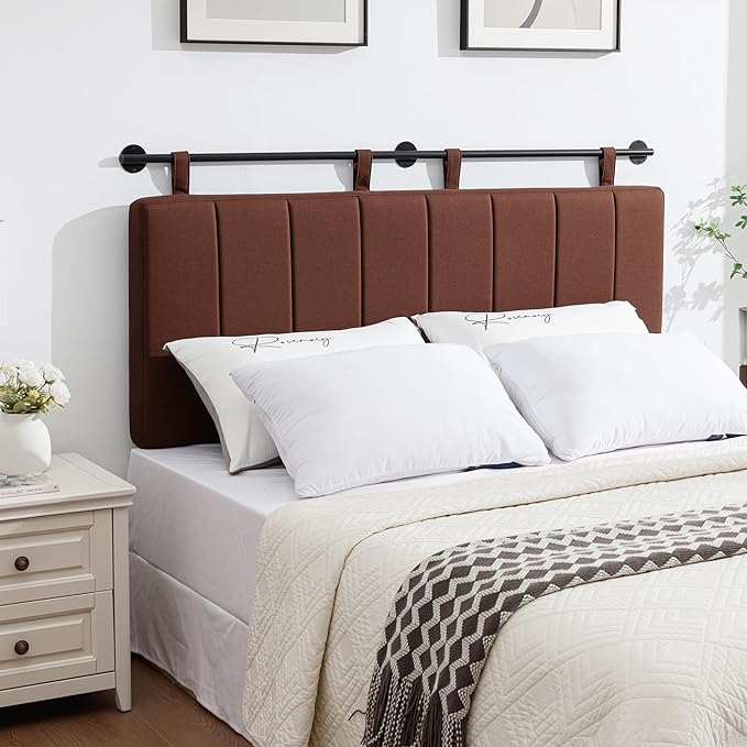 UEV Queen Headboard Only, Wall Mounted Hanging Upholstered Bed Head Board, Modern Vertical Channel Design of Fine Linen, Elegant Brown Fluted Headboard for Bedroom (Brown, Queen Size)