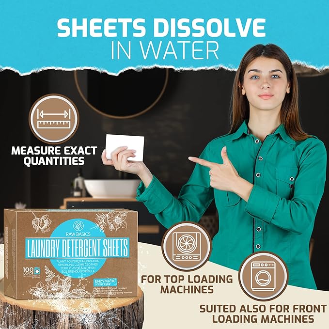 Laundry Detergent Sheets Unscented - Zero Waste, Plastic and Scent Free, Natural Soap - Travel Size Essentials for Washing Clothes, 100 Loads (Unscented)