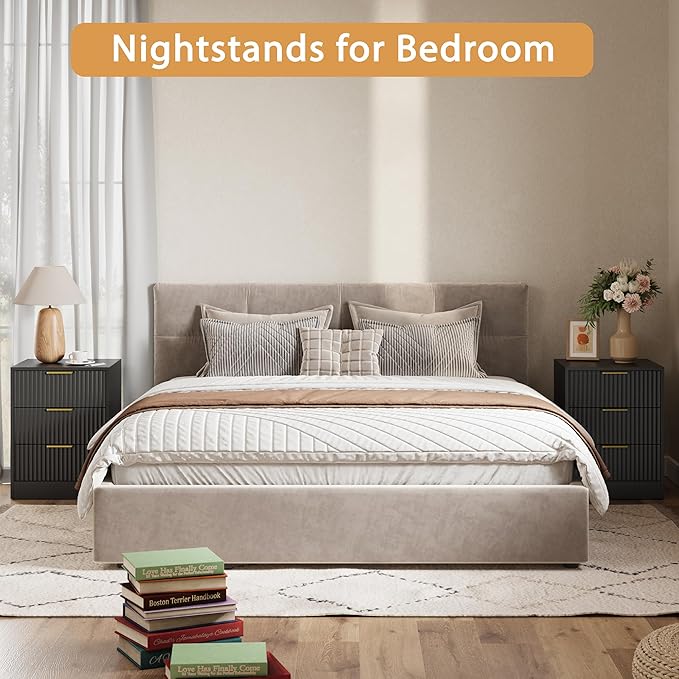 3-Piece Modern Bedroom Furniture Set, Wide 9-Drawer Dresser & 3-Drawer Nightstands Set of 2, Natural Wood Dresser and Nightstand Sets for Bedroom, Hallway, Black